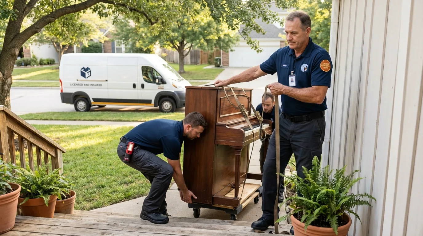 Licensed piano movers securing grand piano in Miller, SD