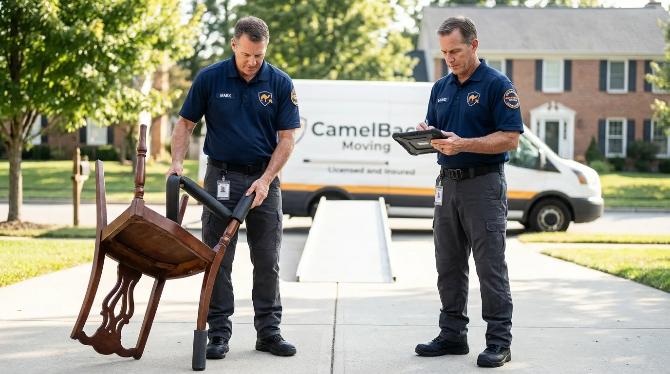 Movers inspecting furniture for damage prevention before loading in Miller, SD
