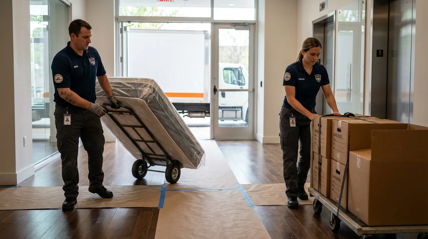 Professional apartment movers loading elevator in Miller, SD